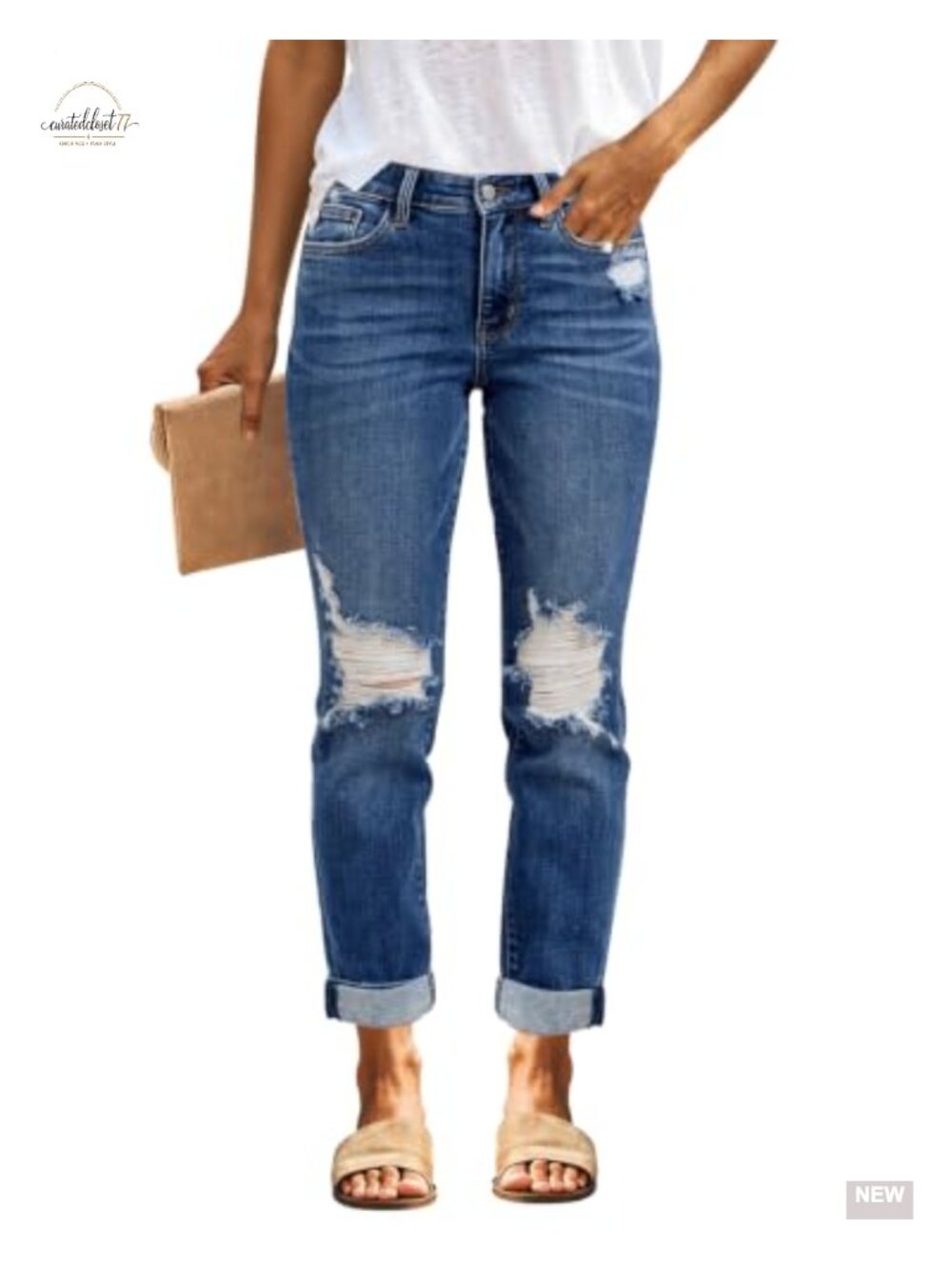 Boyfriend Ripped Mid Waisted Stretchy Ankle Jeans Casual